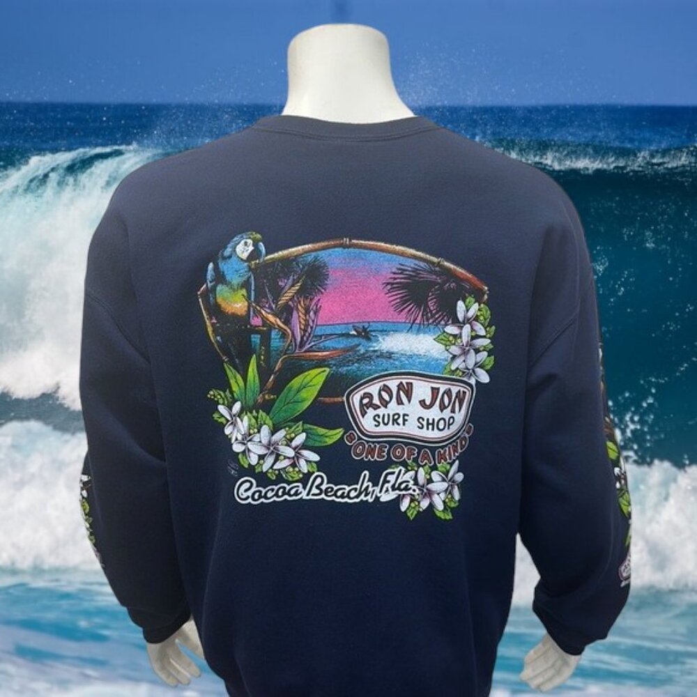 Vintage Ron Jon Surf Shop Cocoa Beach Blue Double Sided Graphic Sweatshirt XL
